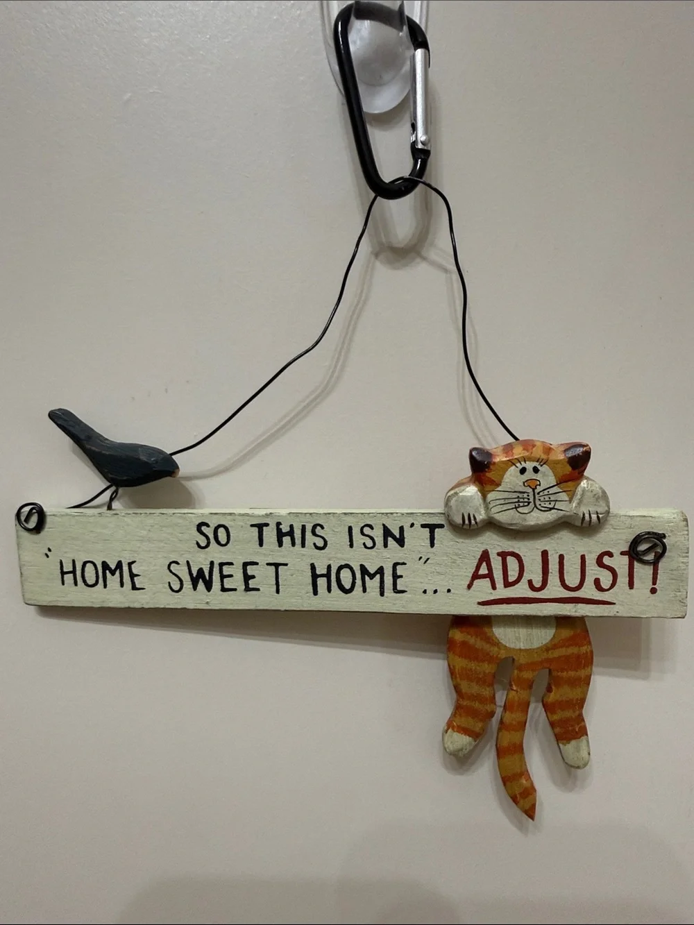 Wooden Hanging Sign with Orange Tabby Cat & Bird